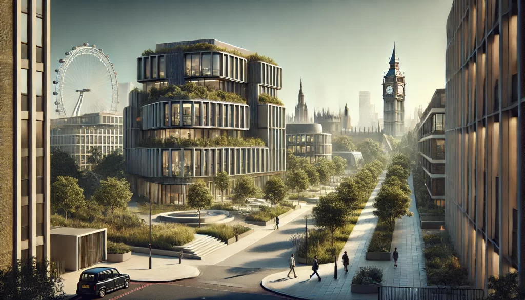 A realistic wide-angle view of a modern school in Inner London, with greenery and Big Ben in the background, highlighting innovative education and architectural harmony.