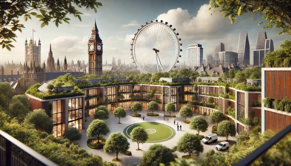 A realistic wide-angle view of a modern school in Inner London, surrounded by greenery with Big Ben and the London Eye subtly visible in the background, showcasing a serene and innovative educational environment.