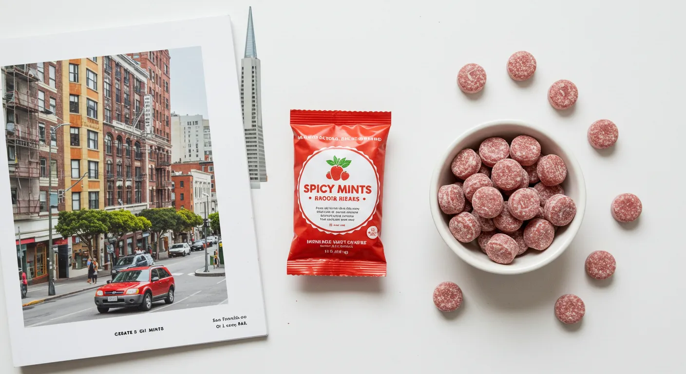 Red packaging of spi-c mints in San Francisco on a white background