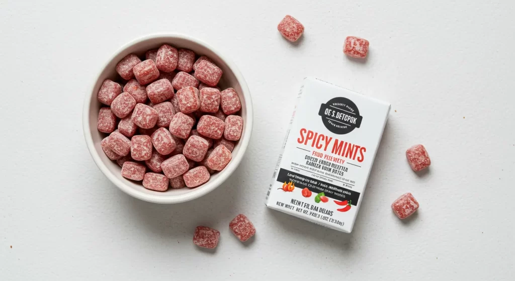 Bowl of spicy mints in San Francisco with creative branding.